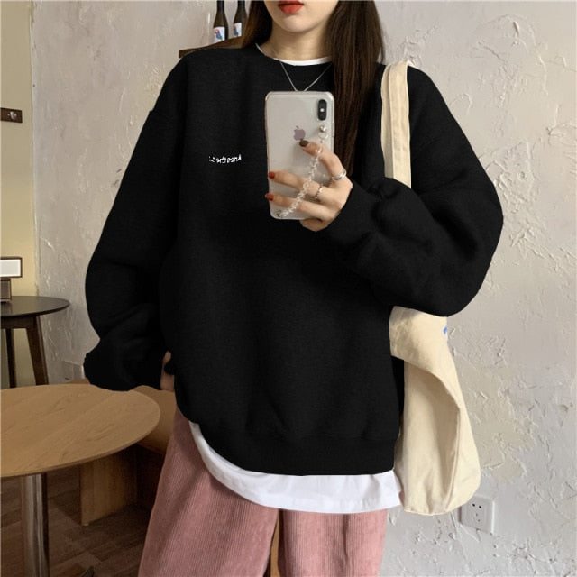 Autumn Winter Girl Korean Version Oversized Hoodies Street Style Letter Embroidery Sweatshirt Fleece Thick Pullover Tops Femmes