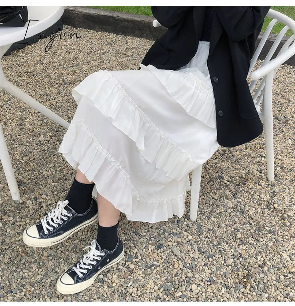 Ingvn - Midi Long Skirts Womens Maxi Skirt Goth Lolita Summer High Waisted Asymmetrical High Low Ruched Ruffle Skirts rok