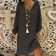 Ingvn - Sweater Dress Women Hooded Collar Long Sleeve V-neck Pure Color Knitted Pullover Spring Autumn Oversize Sweaters Pullovers