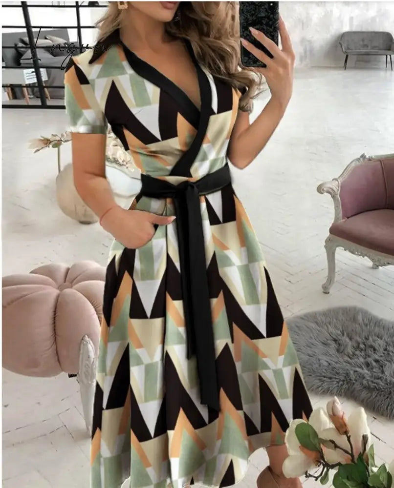Ingvn - Spring and Summer Fashion New Party Dress Short-sleeved V-neck Retro Dress with Printed Belt