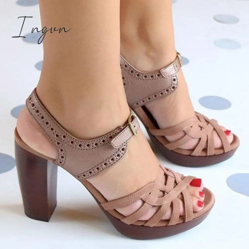 Ingvn - Peep Toe Chunky Heel PU Casual Buckle Sandals