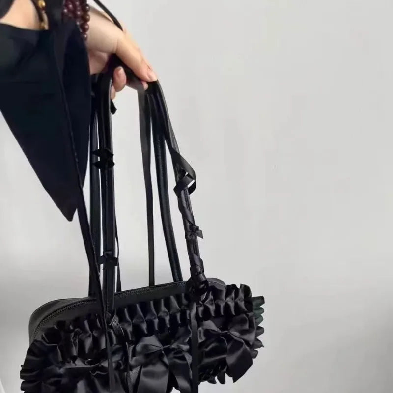 Ingvn  Pure Black Handbags for Women Elegant Y2k Fashion Bow Casual Shoulder Bag All-match Luxury Designer New Ladies Boston Bag