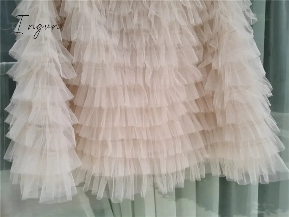 Ingvn - jupe femme Spring Party Skirt Elastic High Waist Long Tulle Skirt Women Multilayer ruffles Pink Mesh Tutu Skirt Ladies