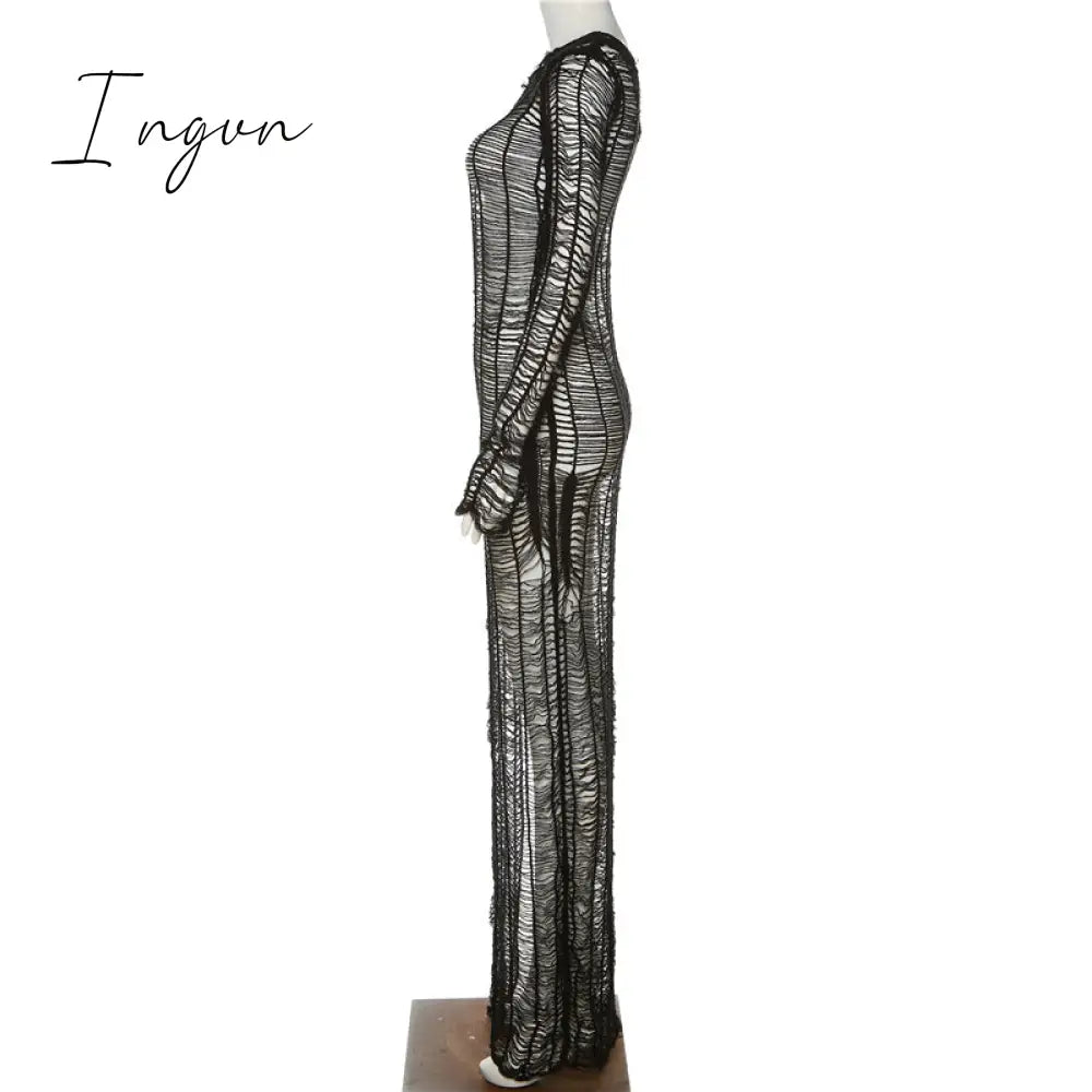 Ingvn - 2023 Womens Fashion Black Diagonal Collar Knitting Maxi Dress Women Sexy Mesh Transparent One Shoulder Long Sleeve Split Robe Holiday Jurk