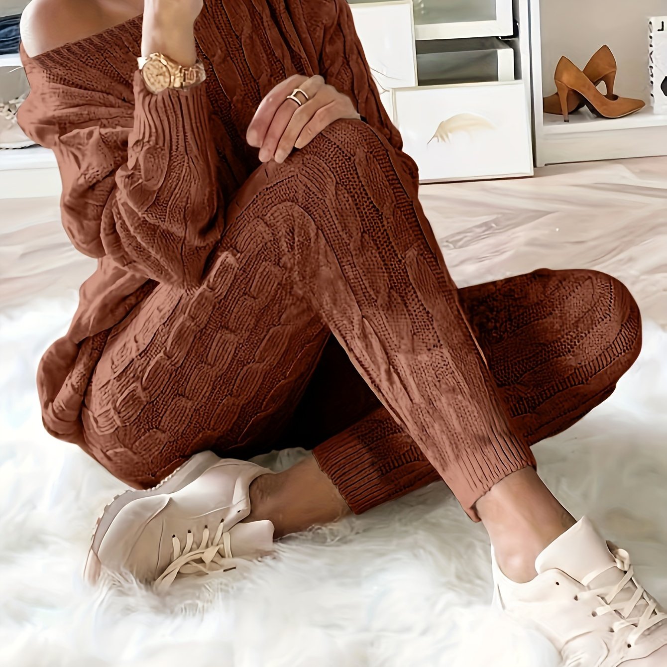 Solid Knitted Matching Two-piece Set, Casual Long Sleeve Sweater & Pants Outfits, Women's Clothing