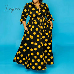 Ingvn - Black and White Polka Dot Dress Plus Size 4xl 5xl Floor Length Long Sleeve Single Breasted Autumn Fashion Party Dinner Dress Hot