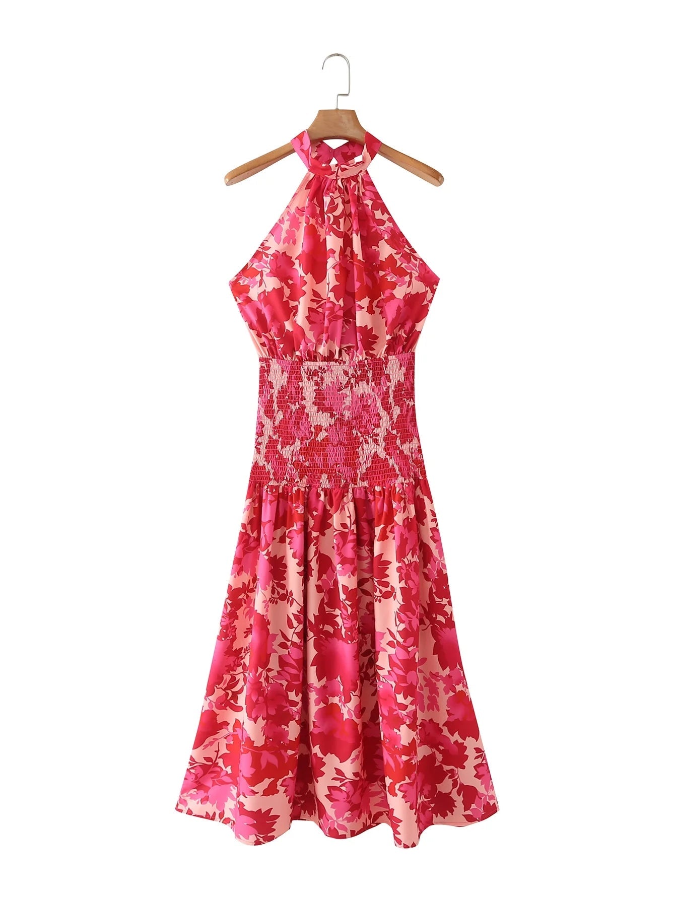 Sleevelss Halter Maxi Summer Dress for Women Sexy Backless Beach Pink Boho Robe Femme  Lace Up Sundress Floral Dress