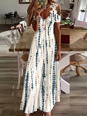 Floral Print Maxi Dress - Short Sleeve, V Neck, Casual, Lace Up, Women's Clothing for Everyday Wear