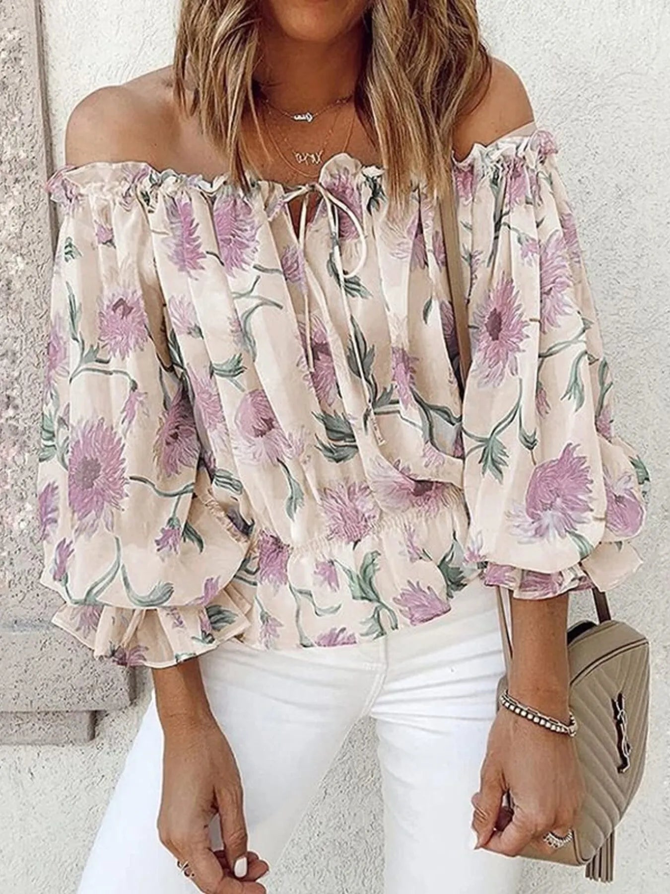 Off-Shoulder Floral Print Blouse