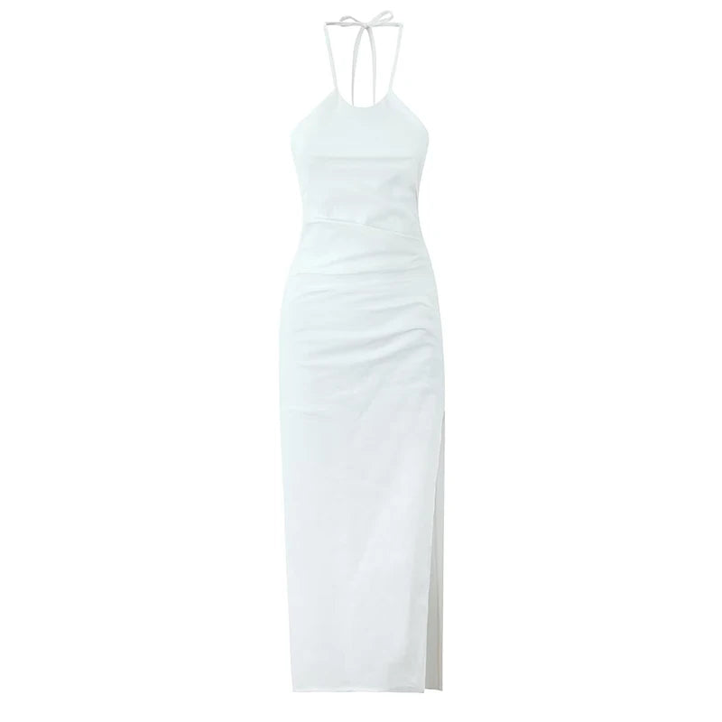 Sexy Backless Side Slits Halter Dress For Women Vintage Ruched Red Evening Party Dresses Cotton Linen Midi Robe White