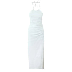 Sexy Backless Side Slits Halter Dress For Women Vintage Ruched Red Evening Party Dresses Cotton Linen Midi Robe White
