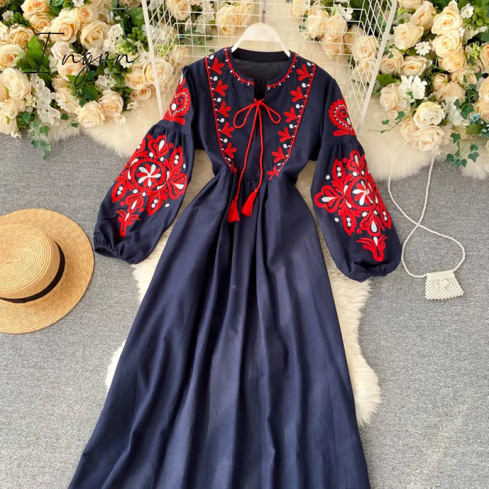 Ingvn - Women Autumn Dresses Bohemian Embroidered Flower O-Neck Lantern Sleeve High Waist Pleated Dress All-match Female Vestidos GK393