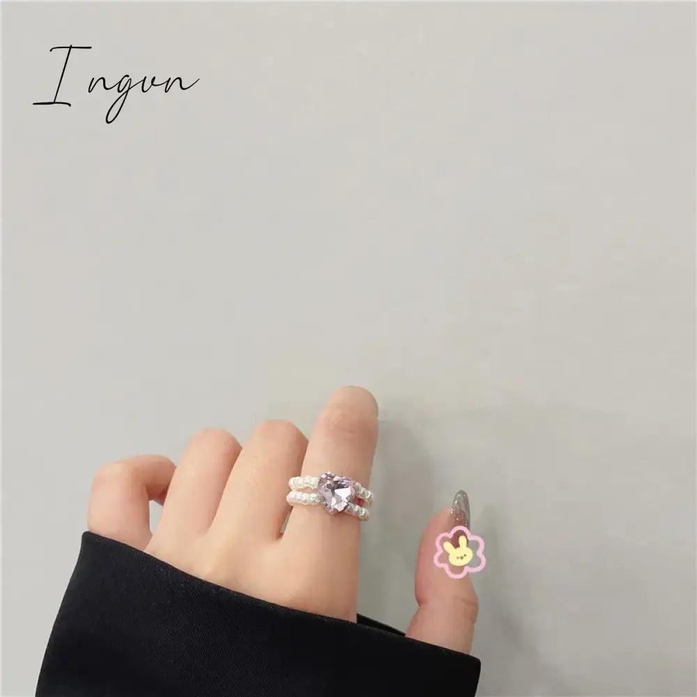 Kpop Romantic Coloful Crystal Pearl Elastic Rope Beaded Ring Smooth Irregular Geometric Square Oval Rings for Women Jewelry