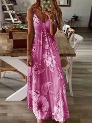 Ingvn - Women's Long Dress Maxi Dress A Line Dress Summer Dress Print Dress Floral Fashion Modern Daily Holiday Date Ruched Print Sleeveless V Neck Dress Regular Fit Pink Blue Purple Summer Spring S M L XL