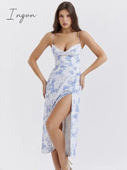Ingvn - Elegant Blue Print Split Midi Dress Women Robe New Fashion Spaghetti Strap Sleeveless Off-shoulder Party Sexy Dress