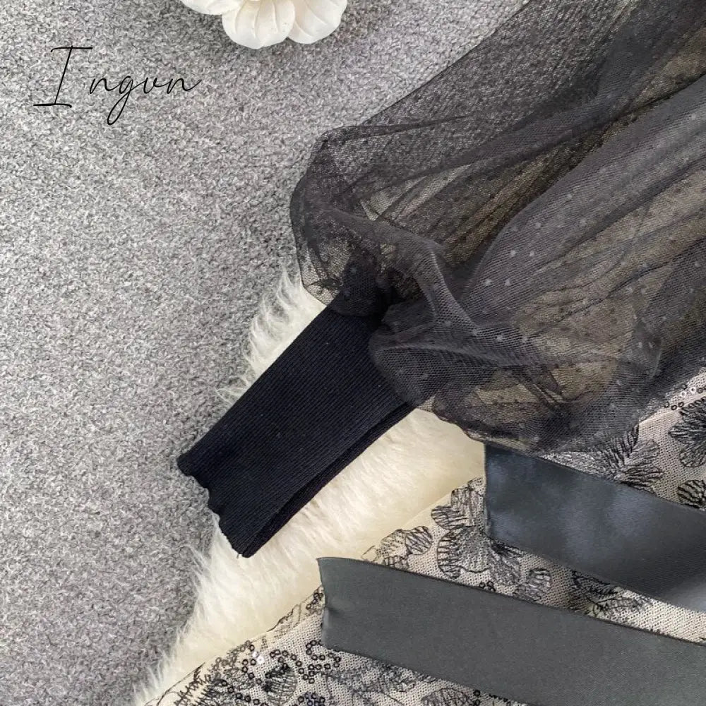 Ingvn - Elegant Mesh Knitted Stitching Dress Women Vintage Puff Sleeve Round Neck A Line Party Dresses Ladies Bandage Printing Dress