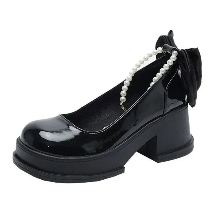 Fashionable Versatile Women's Shoes Spring New Style French Pearl Thick Heel Small Leather Shoes Polyamide Sole Rubber Upper