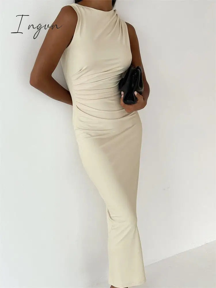 Ingvn - Tossy Pleated Sleeveless Slim Maxi Dress For Women Solid Fashion Elegant Party Dress Gown Off-Shoulder High Waist Bodycon Dress