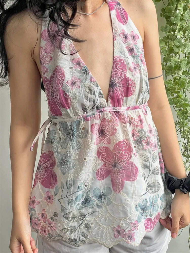 Women Floral Print Tank Tops V-Neck Tie-Up Halter Casual Vest Summer Sleeveless Tops Streetwear