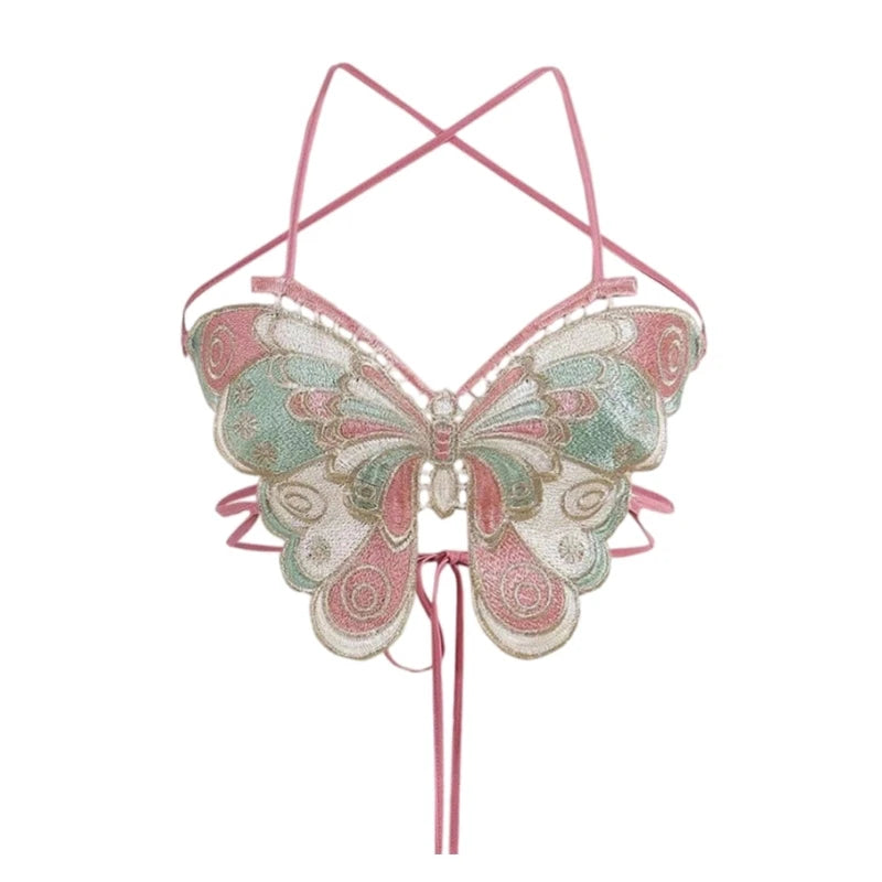 Women Summer Sleeveless Crisscross Tie Backless Sexy Camisole Butterfly Embroidery Halterneck Bras Festival Crop Top