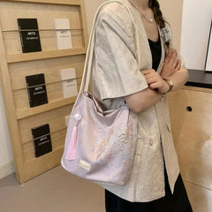Ingvn  Floral Embroidery Bucket Handle BagWomen Hanfu Collocation Butterfly PU Strap Satin Shoulder Bag