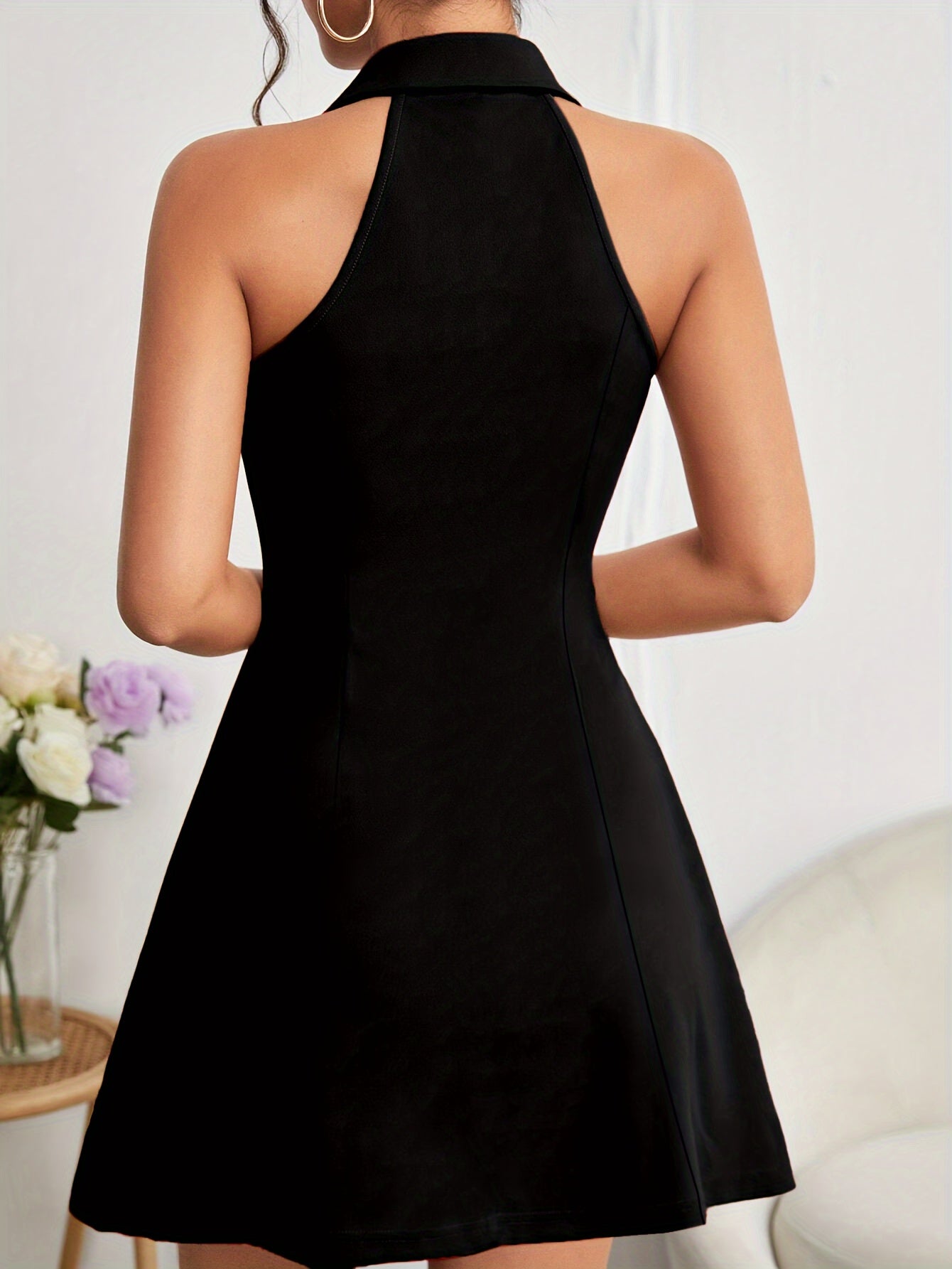 V Neck A-line Solid Mini Dress, Elegant Sleeveless Dress For Spring & Summer, Women's Clothing