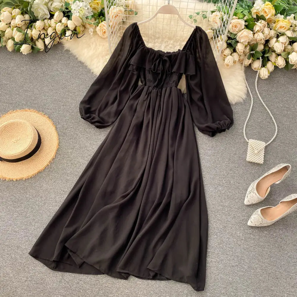 Ingvn - Woherb Chic Elegant Square Collar Maxi Dress Women Solid Chiffon Puff Sleeve Dresses Korean Fashion Vintage Ruffle Vestidos