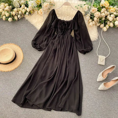 Ingvn - Woherb Chic Elegant Square Collar Maxi Dress Women Solid Chiffon Puff Sleeve Dresses Korean Fashion Vintage Ruffle Vestidos