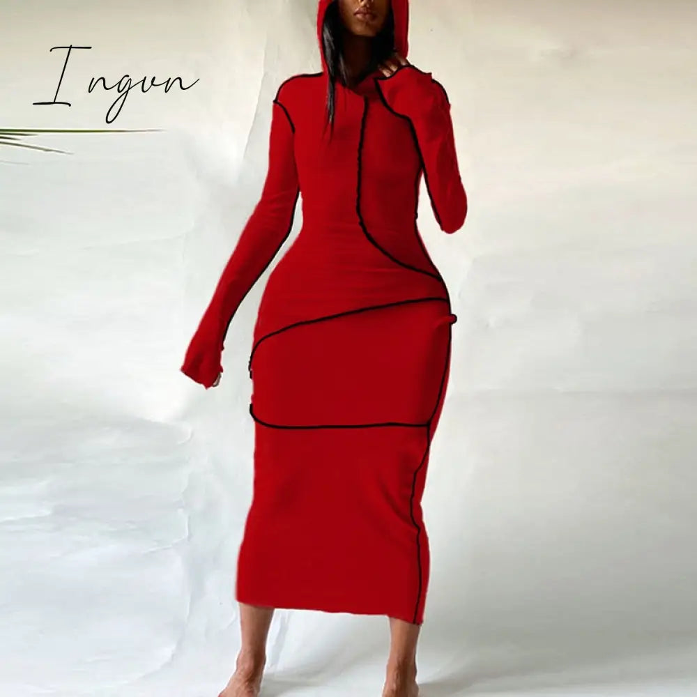 Ingvn - Long Sleeve Hooded Patchwork Skinny Maxi Dress Autumn Winter Women Fashion Streetwear Casual Outfits