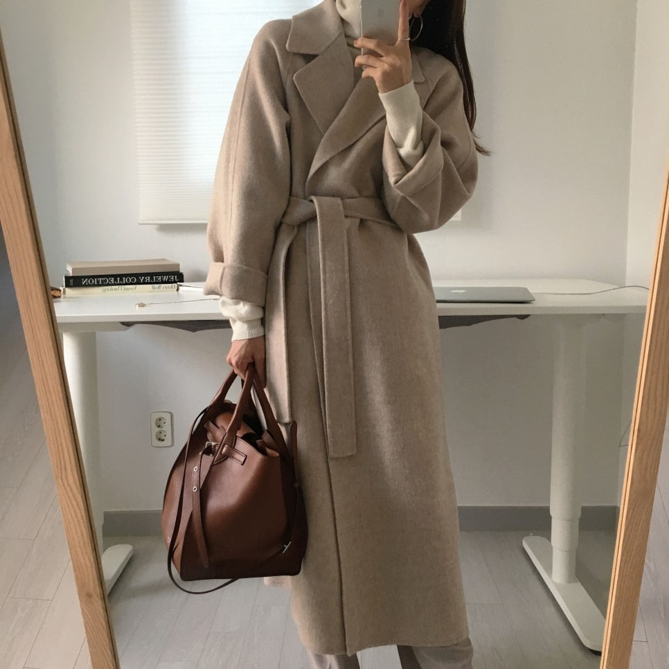 Autumn Winter Thicken Loose Wool & Blend Coats Women Elegant Lapel Full Sleeve Lace-up Oversized Female Outwear
