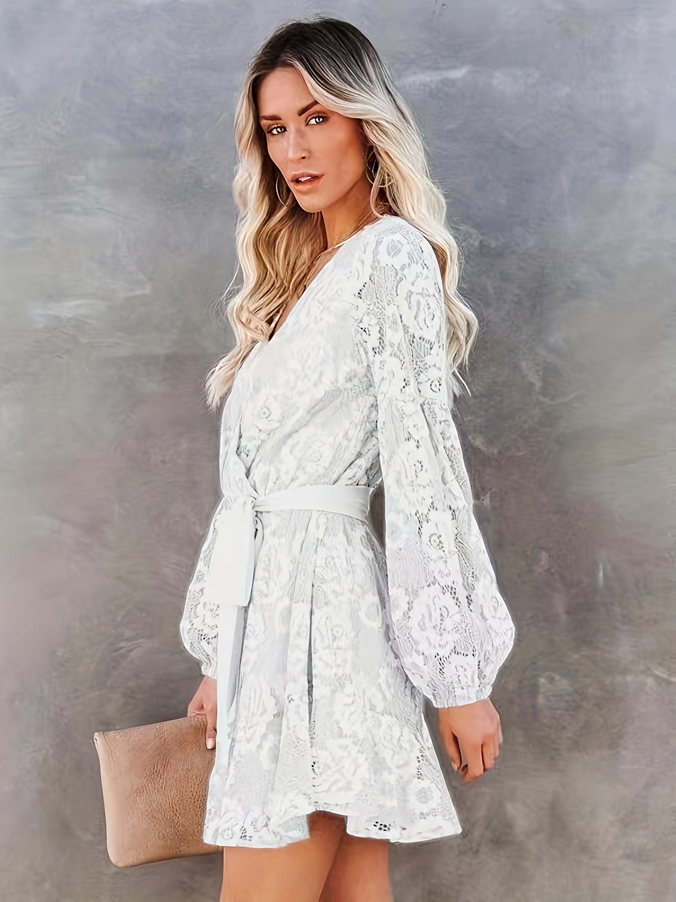 Guipure Lace Surplice Neck Dress, Elegant Lantern Sleeve Tie Waist Dress For Spring & Fall, Women's Clothing
