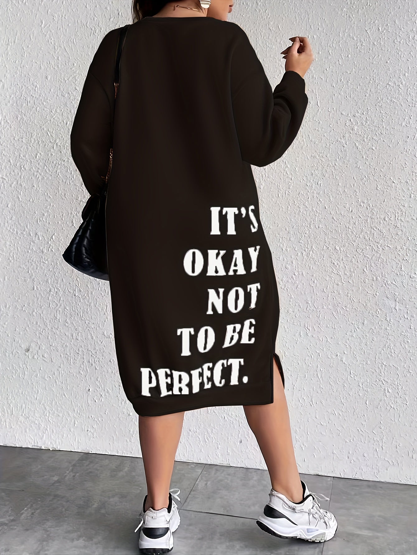 Midi Plus Size Casual Slogan Print Long Sleeve Round Neck Trapeze Sweatshirt Dress - Soft Medium Stretch Polyester Fabric, Loose Fit, Pullover Style, Machine Washable - Weekend Casual Wear for Fall Season
