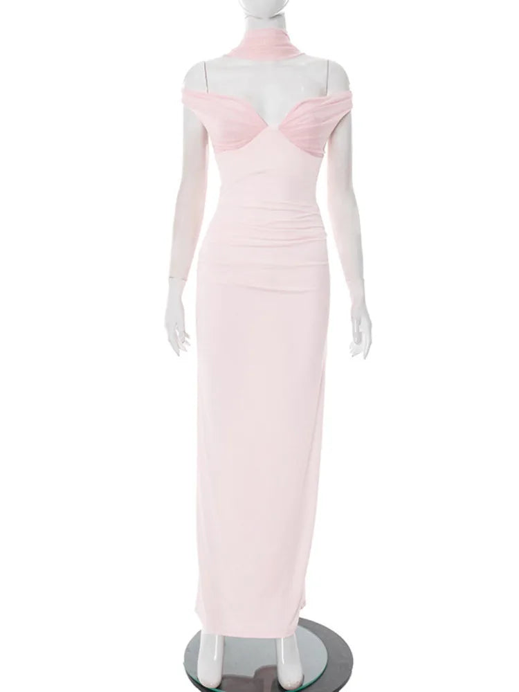 Elegant Off-shoulder Backless Sexy Maxi Dress Women Gown Fashion Scarf Collar Sleeveless Bodycon Club Party Long Dress