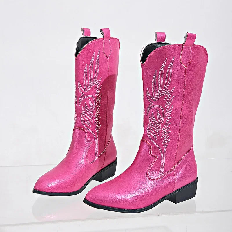 Ingvn  Vintage Thick Heel Women Western Cowgirl Boots Fashion Slip On Shoes Autumn Winter Embroidery Ladies Mid Calf Booties