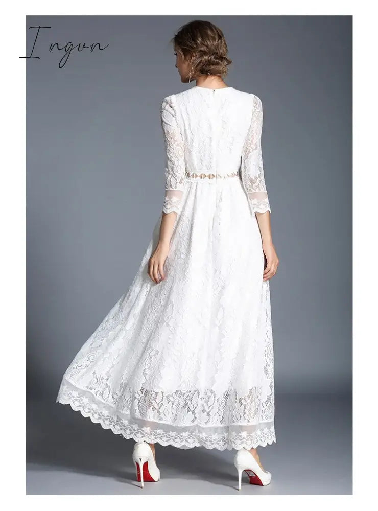 Ingvn - 2023 Fashion Trends High-end Hollow Out White Lace Dress Women Maxi Dress Robe Femme Ete Autumn Long Party Dresses Vestido Longo