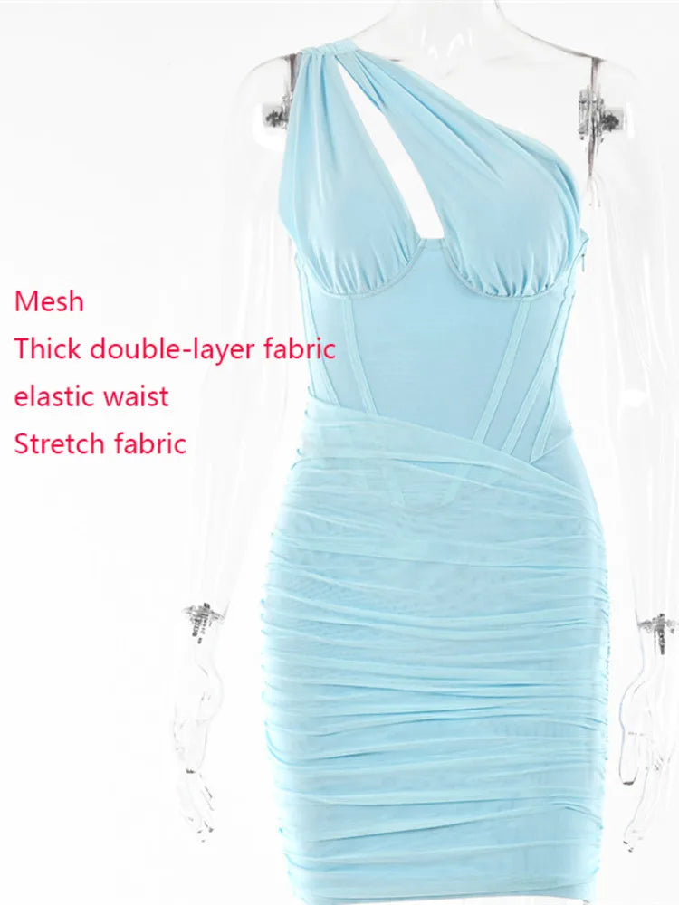 Double Layer Mesh Bodycon Mini Dress Women Summer One Shoulder Backless Sexy dresses Sexy Party Ruched Dress Vestidos