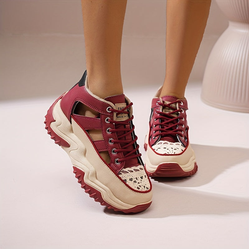 Fashionable Womens Platform Sneakers - Breathable Hollow Out Design - Lightweight Summer Shoes for Stylish Outdoor Adventures - Versatile Lace-Up High Tops for All-Day Comfort