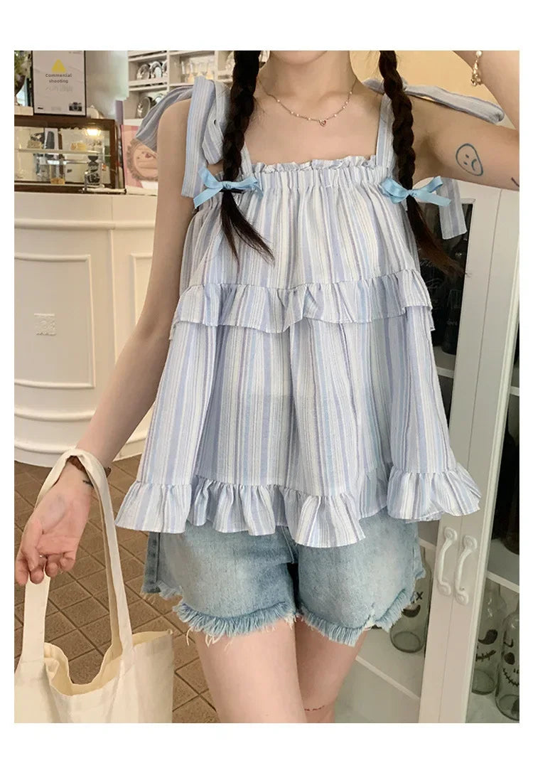 French Style Striped Bow Tank Top Women's Summer Loose Fit Vacation Style Doll Top Fashionable Casual Wear