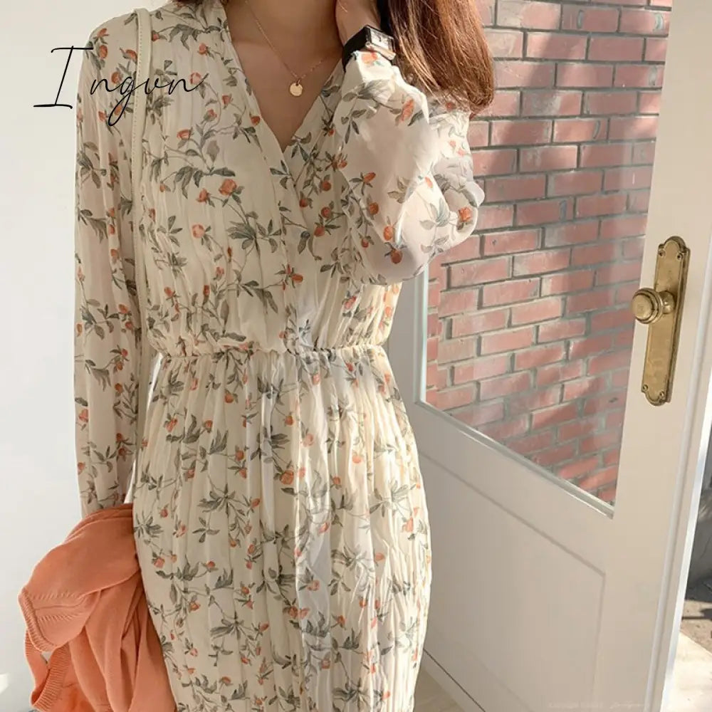 Ingvn - 2023 Fashion Trends Elegant Ruched Floral Print Women Autumn Dress Sexy V-neck Full Sleeve Female Long Dresses Spring Chiffon Vestidos