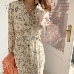 Ingvn - 2023 Fashion Trends Elegant Ruched Floral Print Women Autumn Dress Sexy V-neck Full Sleeve Female Long Dresses Spring Chiffon Vestidos