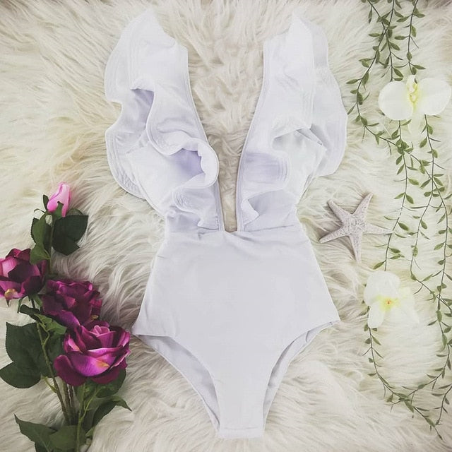New Sexy Ruffle Print Floral One Piece Swimsuit Off The Shoulder Swimwear Women Solid Deep-V Beachwear Bathing Suit Monkini