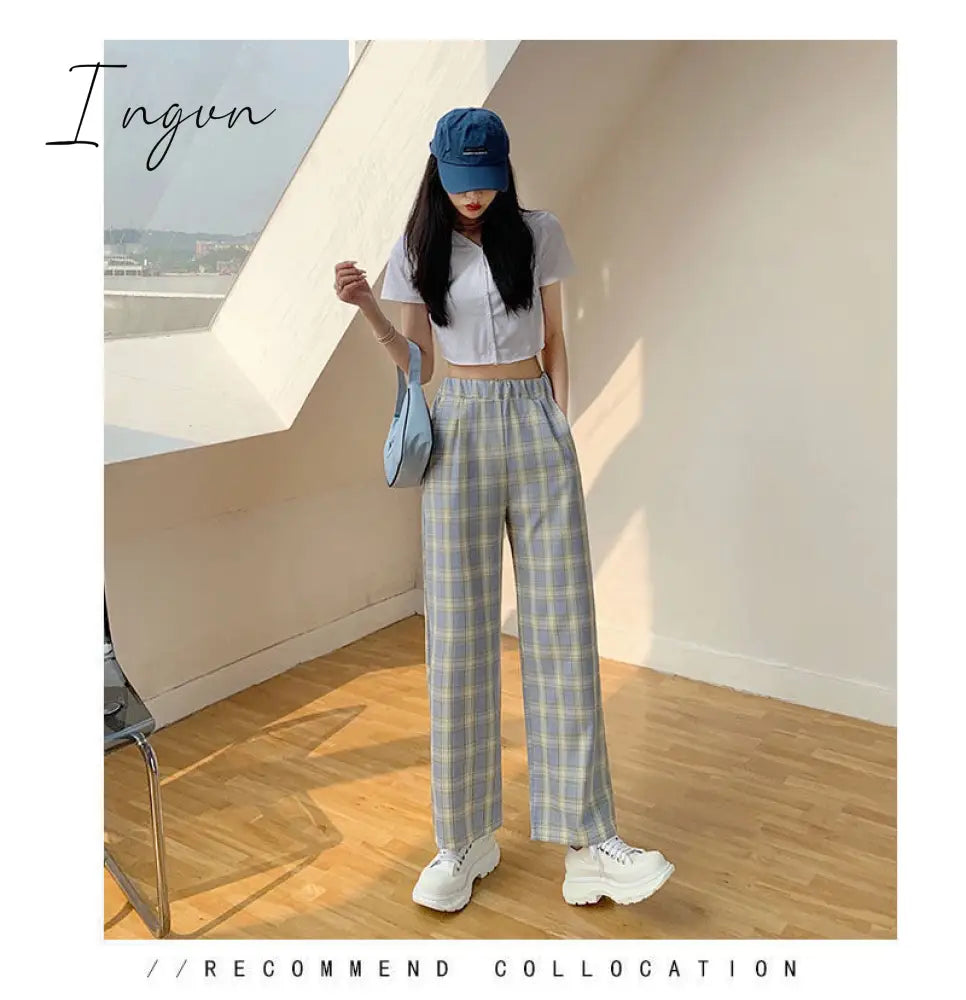 Ingvn - Vintage Plaid Pants Women High Waist Plus Size Wide Leg Casual Female Trousers Summer Joggers Clothes Streetwear Girl Pants