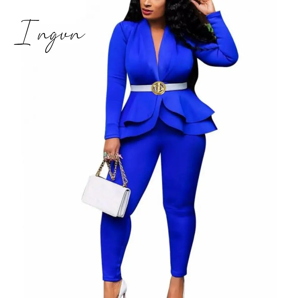 Ingvn - high quality Sexy Business Suits For Women Solid Black White Office Ladies 2 Piece Sets Scallop Design Elegant Women Suit Coat & Pants Set