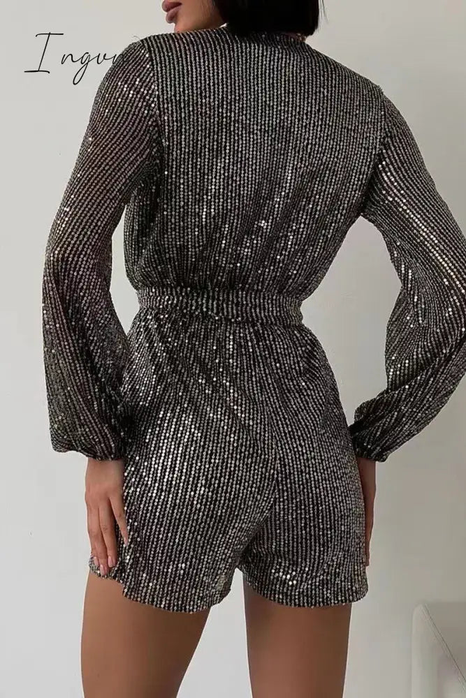 Ingvn- Solid Bandage Sequins V Neck Loose Rompers