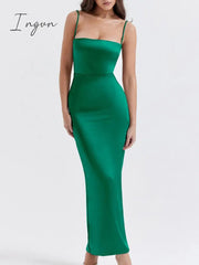 Ingvn - Elegant Women Part Dress Thickened Satin Fabric Spaghetti Strap Sleeveless Backless Bodycon Sexy Club Long Dress 2023