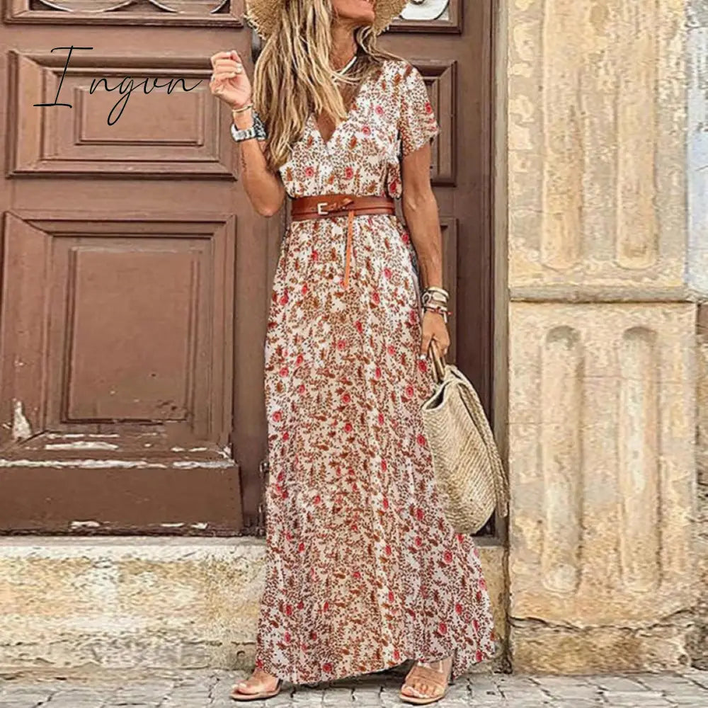Ingvn - Fashion Boho Dress Long Dress Women Casual V Neck Short Sleeve Retro Print Belt Hem Beach Dresses Elegant Sundress Robe Femme
