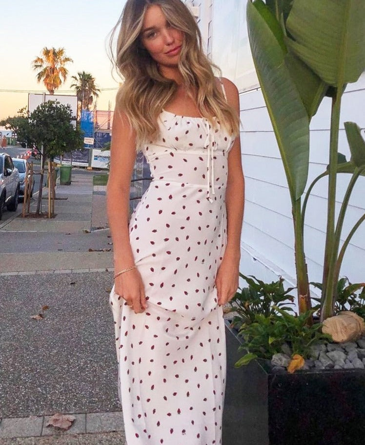 Voguable  Strawberry Print White Chiffon Long Dress Women Spaghetti Strap Vintage Boho Summer Beach Maxi Dress Sleeveless Sundress