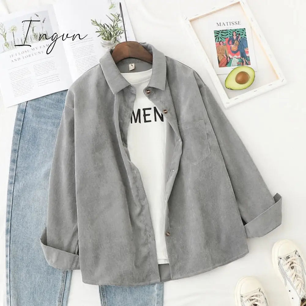 Ingvn - Corduroy Women Blouses Shirts Tunic Womens Tops And Blouses Womenswear Long Sleeve Clothing Button Up Down Loose White New