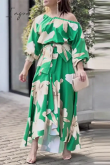 Ingvn - Elegant Floral With Bow Oblique Collar Irregular Dress Dresses