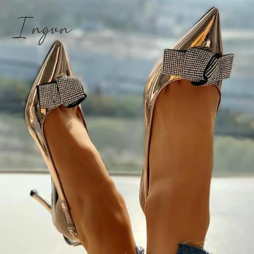 Ingvn - Pointed Toe Studded Bowknot Slingback Thin Heels